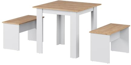 Vicco Set da pranzo Sentio, Rovere dorato/bianco, 80 x 80 cm con 2 panche, salvaspazio per zona pranzo e angolo colazione
