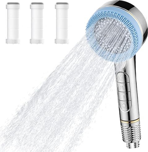Pommeau de douche avec filtre - 4 types de jet - Économie d'eau - Avec brosse de massage - Haute pression - Pour enlever l'eau dure et les résidus de chlore