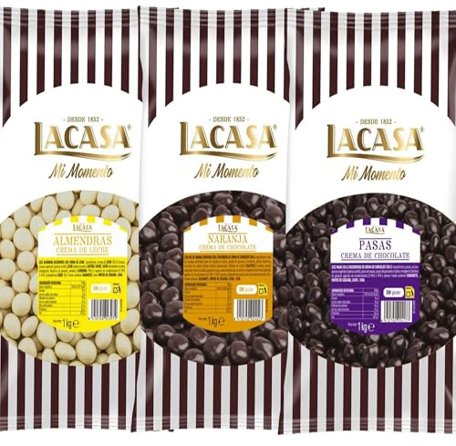 Lacasa Mi Momento pack 3kg bolas: Pasas de Corinto con chocolate Negro,Almendra con chocolate Blanco,Dados de naranja con chocolate Negro