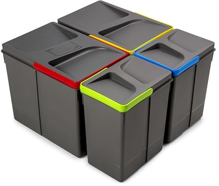 Emuca - Contenitori per cassetti da cucina con coperchio anti-odore, H 266 mm (2 x 15 L + 2 x7 L), Grigio antracite Tecnoplastica