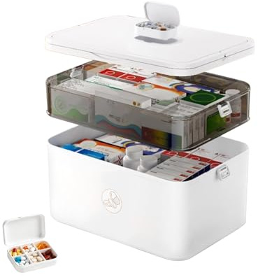 Caossuixin 2 Etagen Medikamenten Aufbewahrung, 30X16X20cm Medizinbox mit Tragbarer Griff, Multifunktions Medikamenten Organizer, Hausapotheke Box, Medikamentenbox Groß, Aufbewahrungsbox Weiß