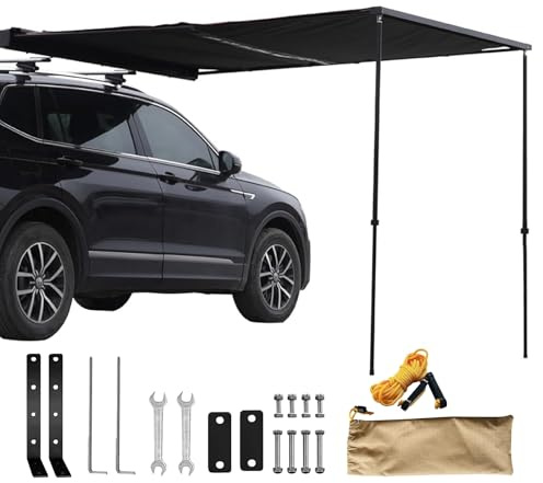 Toldo Coche, Toldo Lateral Extraíble, Tela Oxford 650D, Resistente a la Intemperie, con Protección UV50+ y Bolsa de Transporte, Estructura de Aleación de Aluminio, Altura Ajustable de 110 a 210 cm(200