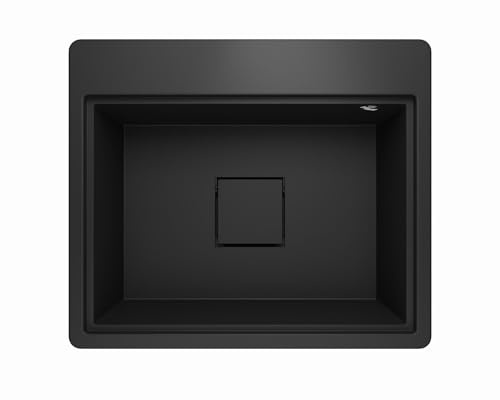Lavello Spülbecken Granit Schwarz – Tiefe Einbauspüle 58x49,5 cm – Platzsparend, Pflegeleicht, Reversibel, Küchenspüle 1 Becken – mit Zubehörablage & verdecktem Ablauf – inkl. Siphon