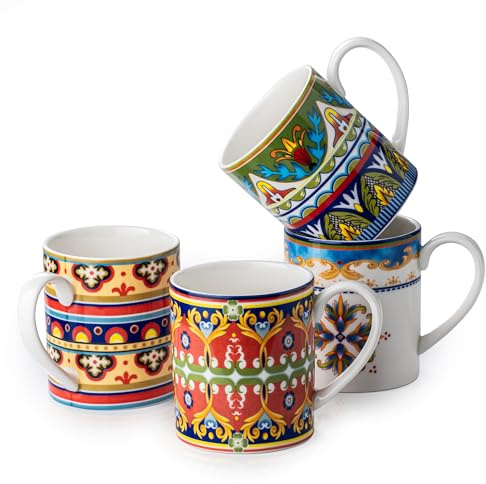 UNICASA Juego de 4 tazas de café de porcelana para café, 360 ml, capuchino y latte macchiato, servicio de vajilla, 4 colores, estilo bohemio