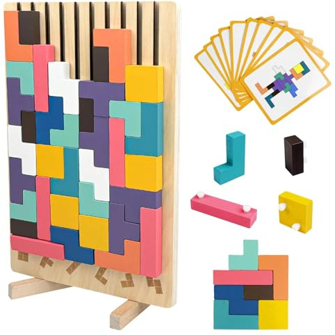 Ravytha Montessori-spel med 10 kort, trätetris, färgglada tumble pussel, pedagogiska leksaker, hjärnleksak för att börja från 3 år, present till barn