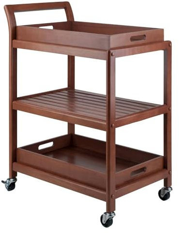 Furnifact Solid Wood Kitchen Cart On Wheels with Two Removable Serving Trays, Slatted Shelf, and Locking Casters, Versatile Bar Cart