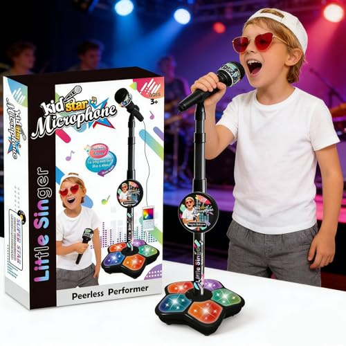 Kids Microphone and Stand, Microphone with Stand for Kids, Portable Karaoke Machine for Kids with Adjustable Height & Flashing Stage Lights- Sing Musical Toy for Girls Boys Singing (Black)