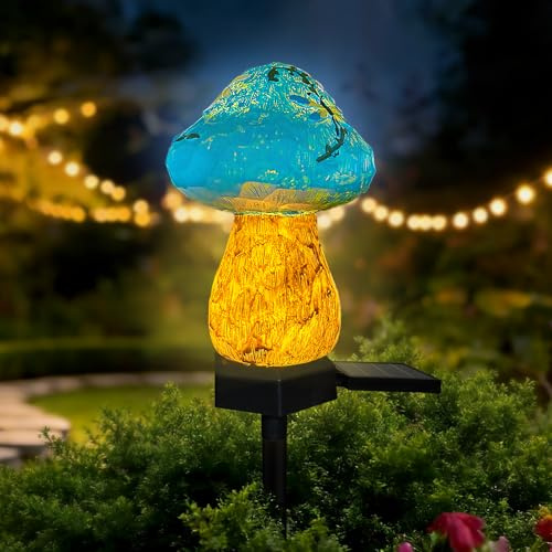 TOTHDATE Blue Mini Mushroom Solar Stake Light, Warmwhite Light Solar Pathway Light IP44 Waterproof for Garden Outdoor Decoration