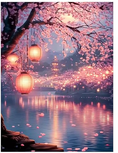 Aapxi Diamond Painting Erwachsene Blumen, 5D Diamond Painting Bilder Sakura Landschaft, Mosaikherstellung Bastelset Als Geschenk, Zur Entspannung und Als Wanddeko 30×40cm