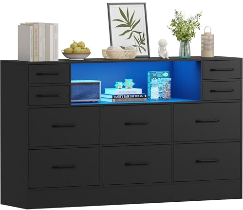 LSBIKE Chest of Drawers Fabric 10 Drawer Chest with LED Lights Storage Organiser Unit Non-woven Drawer w/Wooden Frame Easy to Assemble for Bedroom, Living Room Kid Room Nursery (Black)