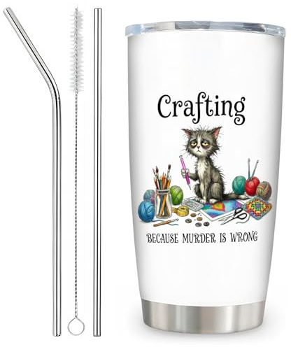 Susfyhya Cat Mug Insulated Travel Mug, Funny 20oz Travel Mugs, Crafting Because Murder is Wrong Cup Tumbler with Straw and Lid, Crafting & Cat Lovers Gifts for Women Men