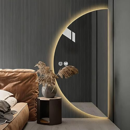 FGXHHS Specchio da Parete a Mezzaluna a LED per Bagno, Senza Cornice, semicircolare, retroilluminato, dimmerabile, con 3 Colori, antiappannamento (Taglio a Destra)