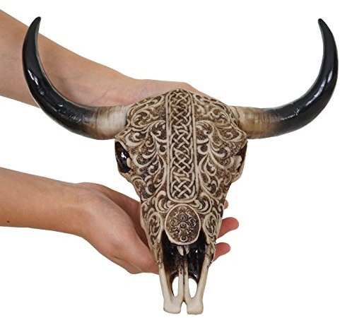 Mendler Deko Schädel 31cm HWC-C15, Polyresin, Stier, Bulle | Longhorn, Kopf, Trophäe, mit Tribal, In-/Outdoor