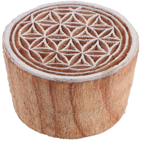 Indischer Holz Stoffdruckstempel, Mandala 1, Ø 5 cm Blume des Lebens 3 | Handgeschnitzt, ideal für vielseitige Drucke, auch als Wanddeko, traditionelles Design, einfache Anwendung