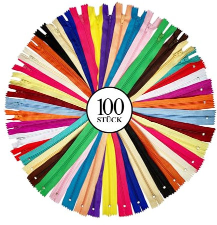 KGS Nylon-Reißverschluss zum Nähen und Basteln | 20 Farben | 100 Stück | 5 Größen: 13+18+23+30,5+38 CM | Mehrfarbige Reißverschlüsse für Taschen, Beutel, Röcke, Kleider