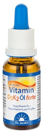 Dr Jacob’s Aceite de Vitamina D3K2 forte 20 ml I 50 μg D3 (2000 UI) + 50 μg de Vitamina K2 (menaquinona-7) por Gota I 640 Gotas I Para Huesos1, Músculos y Sistema Inmunológico2 I Vegetariano