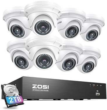 ZOSI 4K PoE Security Camera System with 2TB Hard Drive, 8 Ports 16CH 8MP NVR Recorder, 8pcs 3K 5MP Outdoor Indoor Home PoE Dome Cameras, Night Vision, Motion Alert, Remote Access, for 24/7 Recording
