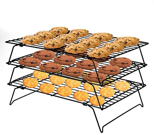 PowerKing 3 Tier Cooling Rack, Foldable Non-Stick Stainless Steel Wire Cake Rack for Pies, Cookies, Pastries, Home Baking, Birthday Party, Wedding Party 15.7'' x 10'' (Black 3 Tier)