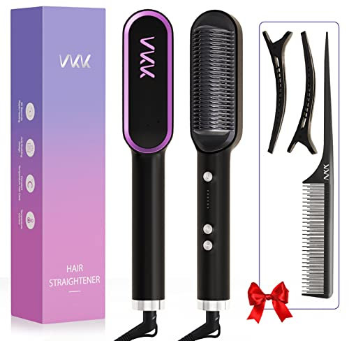 VKK Hair Straightener Brush, Hair Straightener Comb with 25s Fast Heating Ceramic PTC, 5 Temp Settings & Anti-Scald, Straightening Brush for Women, Professional Hair Tools for Styling