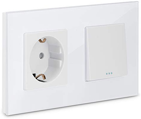 Navaris Lichtschalter mit Schuko Steckdose - mit Glasrahmen - Design Glas Schalter einfach - Aufputz Wippschalter Wandschalter in Weiß