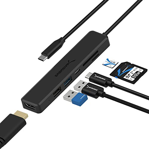 SABRENT Multi-Port USB Type-C Hub with 4K HDMI | Power Delivery (60 Watts) | 1 USB 3.0 Port | 1 USB 2.0 Port | SD/microSD Card Reader (HB-TC6C)