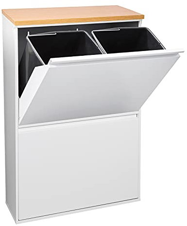 Arregui Basic-E CR601-B37 Cubo de basura y reciclaje de acero de 4 cubos con encimera de madera, mueble de reciclaje, 4 x 17 L (68 L), blanco con encimera roble trigo