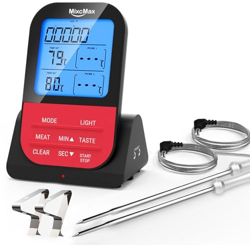 Termometro Cocina, Barbacoa Carne Digital con 2 Sonda Larga Lectura Instantánea en 3 Segundos Pantalla LCD Inalámbrico Imán Espalda Temporizador para Horno Alimentos Liquidos (Red)