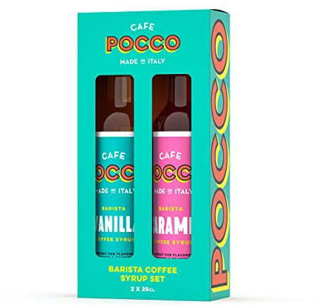 Cafe Pocco Coffee Syrup Set - 250ml Glass Bottles - Caramel & Vanilla - Perfect For Making Lattes, Iced Lattes and Frappes