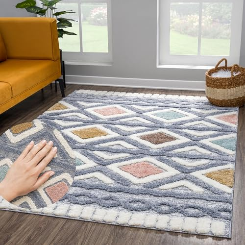 payé Teppich Wohnzimmer Hochflor - 140x200cm - Einfarbig - Pastell Multi - Boho - Modern Raute Ornamente - Skandinavisch Flauschig Weich - Schlafzimmer