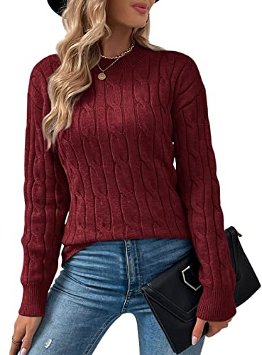 Niwicee Jerseys de Punto de Cable para Mujer Cuello Redondo Suéter Holgado Sueter Mangas Larga Pullover Jerséis de Punto Casual Sudadera Tops Sweater Cálido Otoño Invierno