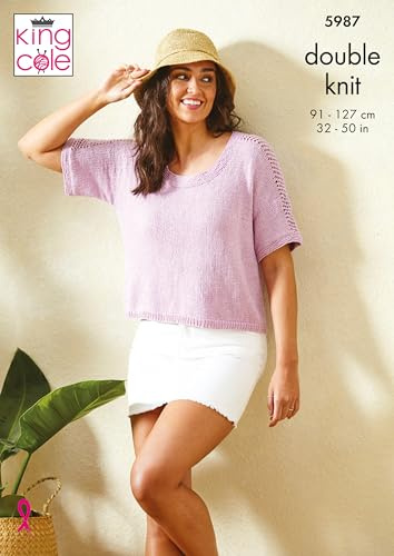 King Cole Ladies DK Knitting Pattern Scoop or V Neck Lace Sleeve Top (5987)