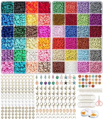 Jissta 10660 Stück Perlen zum Auffädeln 3mm Perlen sets,Buchstabenperlen,Farben Flache Polymer Clay für Perlen Armbänder Selber Machen