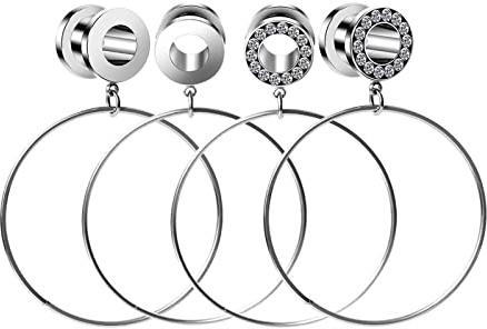 Stfery Flesh Tunnel mit Anhänger, Tunnel Ohr Schmuck Edelstahl Silber 4mm Großer Reifen Zirkonia 4er Set Plug Gauges Damen 6G