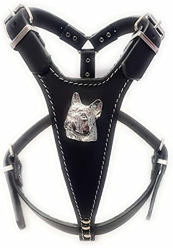 Schönes Hundegeschirr aus Leder mit französischem Bulldogge-Motiv