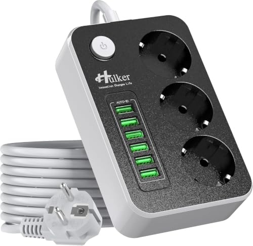 5M Steckdosenleiste mit USB, Hulker 3-Fach Steckdosen und 6 USB-Anschlüssen (5V/3.4A) Mehrfachsteckdose mit Schalter und Kindersicherung 5 Meter Verlängerungskabe für Zuhause Büro 10A/2500W