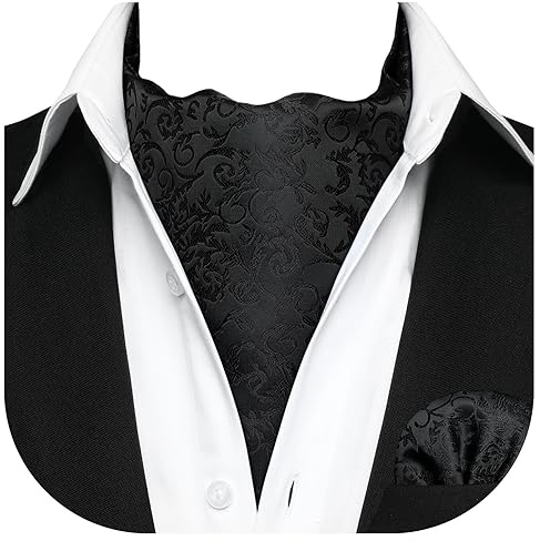 HISDERN Krawattenschal Schwarz Herren Elegant Ascot Krawatte und Einstecktuch Set Paisley Halstuch mit Taschentuch für Hochzeit Business Party