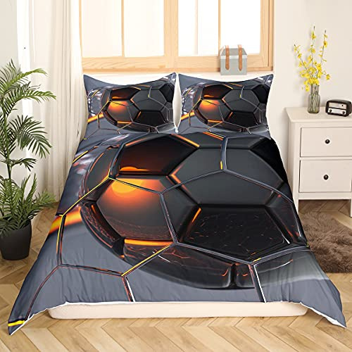 Ensemble de Literie pour Enfants Ensemble de Housse de Couette imprimé Football noir gris 220x240 cm Garçon Adolescent Football Sport thème literie en Microfibre avec fermeture à Glissière