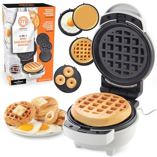 MasterChef 3-in-1 Mini Breakfast Maker- Make Eggs, Pancakes, Donuts, Waffles & More in 1 Easy to Use Appliance! 3 Removable Non-Stick Cooking Plates for Quick Cleaning & Storing- Compact Baker Cooker