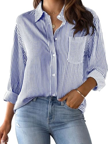 CUNLIN Women's Striped Long Sleeve Button Down Shirt Navy Blue Size S