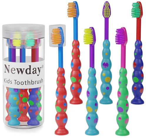 Newday Kids toothbrushes 6 Pack Set Soft Bristles Fun Lovely with Suction Cup, Includes Travel Covers, Animal toothbrushes for Kids Boys & Girls, Toddlers &Children Teeth (Multicolor)