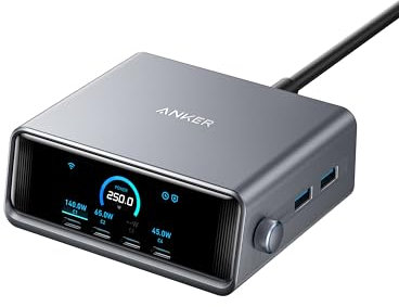 Anker Prime 250W USB-C Ladegerät, Ultra-schnelle 6-Port GaN Ladestation, 2,26 LCD-Display und Smart Control Regler, kompatibel mit MacBook Pro/Air, iPhone 16/15/14, Pixel, Galaxy, Apple Watch & mehr