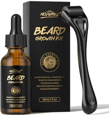 Bartwachstums-Set – Biotin-Bartwachstumsöl mit Roller zur Förderung des Haarwuchses – Bartserum zur Gesichtshaarbehandlung, männlich, dick, 1 Fl Oz