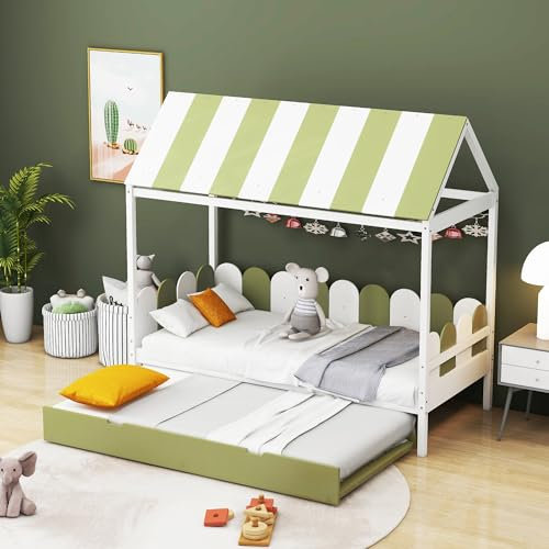 KUAKE Kinderbett 90x190cm mit Ausziehbett, Hausbett für Jungen und Mädchen mit Dach und Rückenlehne, Massivholzbett mit Lattenrost (Grün)