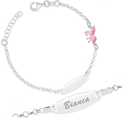 Sakrami Bracelet Fille en Argent 925 + Plaque Personnalisable + Licorne Émaillée + Bracelet Kids Collection + Cadeau pour Naissance, Baptême, Communion + Coffret Cadeau