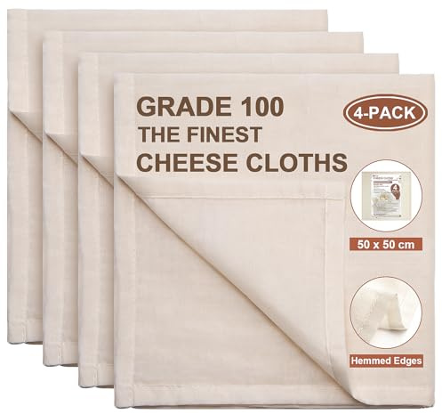 eFond Cheese Cloths for Straining with Hemmed Edges, 50x50cm (4-Pack) | Grade 100 Ultra Fine Mesh Reusable Muslin Cloths, Unbleached Pure Cotton Cheesecloth for Nut Milk, Butter, Baking & Cooking