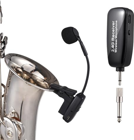summina Micrófono Inalámbrico para Saxofó 2.4G Reducción de Ruido Actuaciones en Escenario para Instrumentos Musicales, Receptor y Transmisor Inalámbrico para Saxofón/Trompeta/Trombón/Clarinete