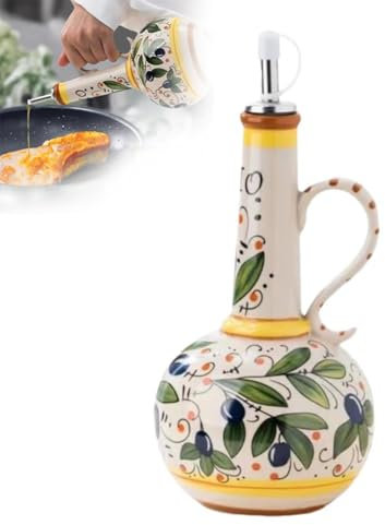 Yiokii Ceramic Olive Oil Dispenser Bottle, 23OZ Hand Painted Olive Oil Bottles, Decorative Italian Ceramic Olive Oil Dispenser for Kitchen with Stainless Steel Spout for Oils, Sauces, Vinegar