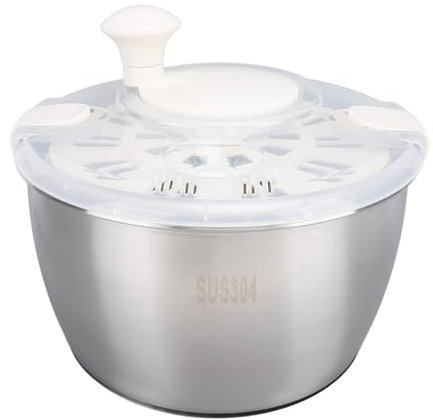 5L Salad Spinner, Stainless Steel Lettuce Dryer Spinner, Non Slip Vegetable Drainer with Clear Lid and Drainage Hole for Home Kitchen, Single Handed Operating
