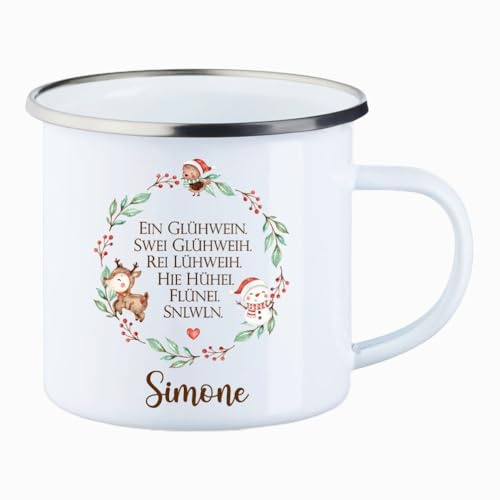 Sprinkle & Style HANDMADE BOUTIQUE Personalisierte Glühweintasse mit Wintertieren – Perfekt für den Weihnachtsmarkt | Hochwertige Keramik oder Emaille | Mit Namen (Emailletasse silver Rand)
