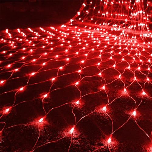 DINOWIN Lichternetz Außen Batteriebetrieben 6x4M 672LED Garden Net Lichter 8 Modi Dekoration Beleuchtung Wasserdicht Netz Lichtervorhang für Halloween Weihnachten Hochzeit Party (Rot)